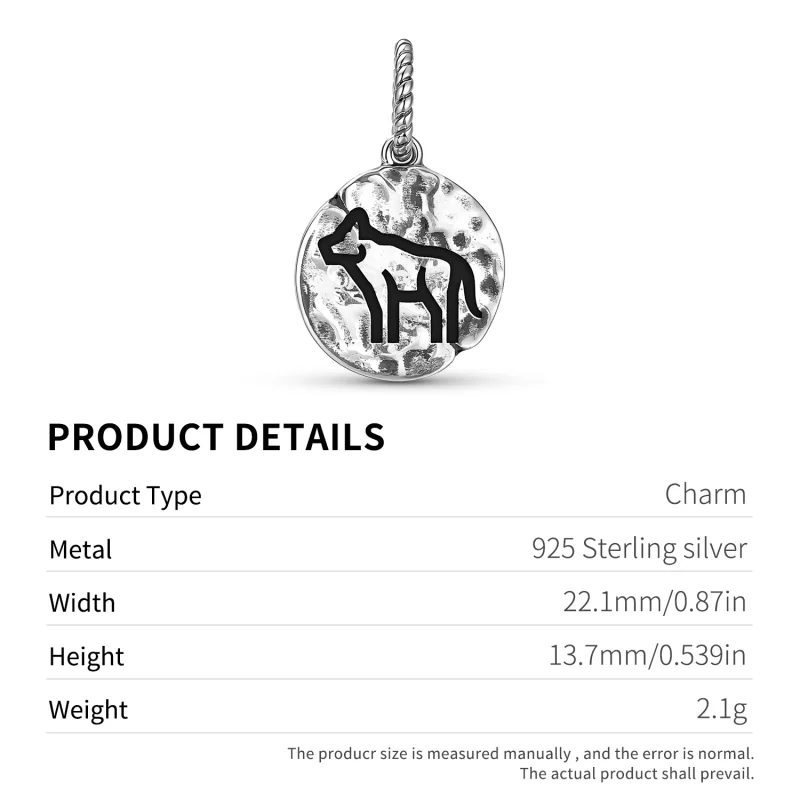 Animal WOLF Symbol 925 Sterling Silver Hand Textured Dangle Charm For Charm Bracelets