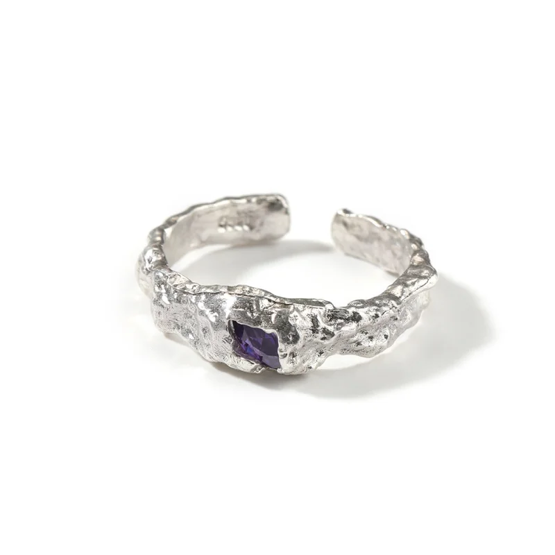 Hip Hop Small Silver Boys Ring Purple Zircon
