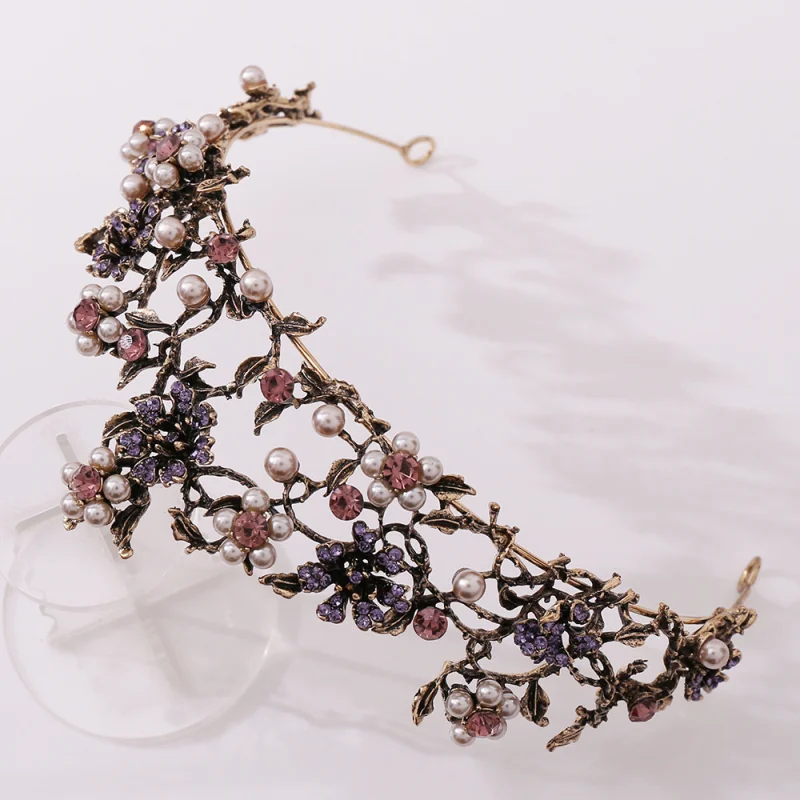 Floral Black Diamond Pearl Baroque Bridal Crown Wedding Tiara Accessories