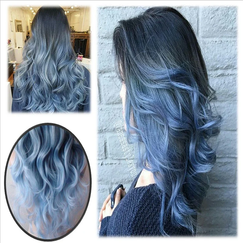 Ladies Black And Blue Gradient Long Curly Hair, High Temperature Silk