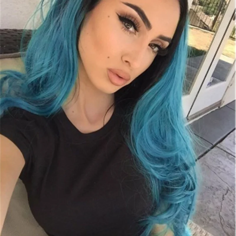 Ladies Black And Blue Gradient Mid-length Curly Hair