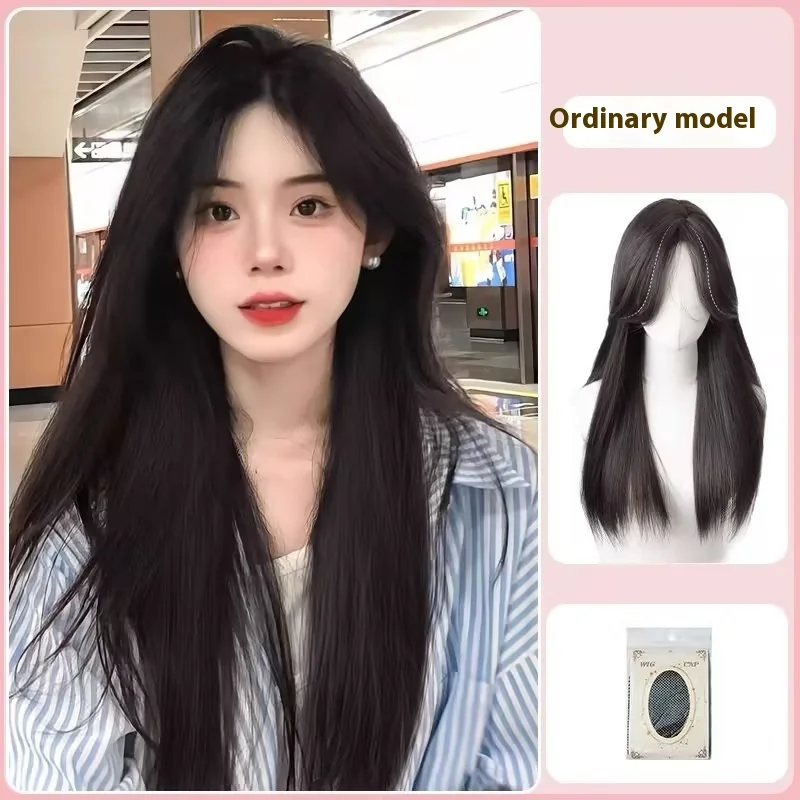 Breathable Mid-length Black Long Straight Forehead Lace Wig