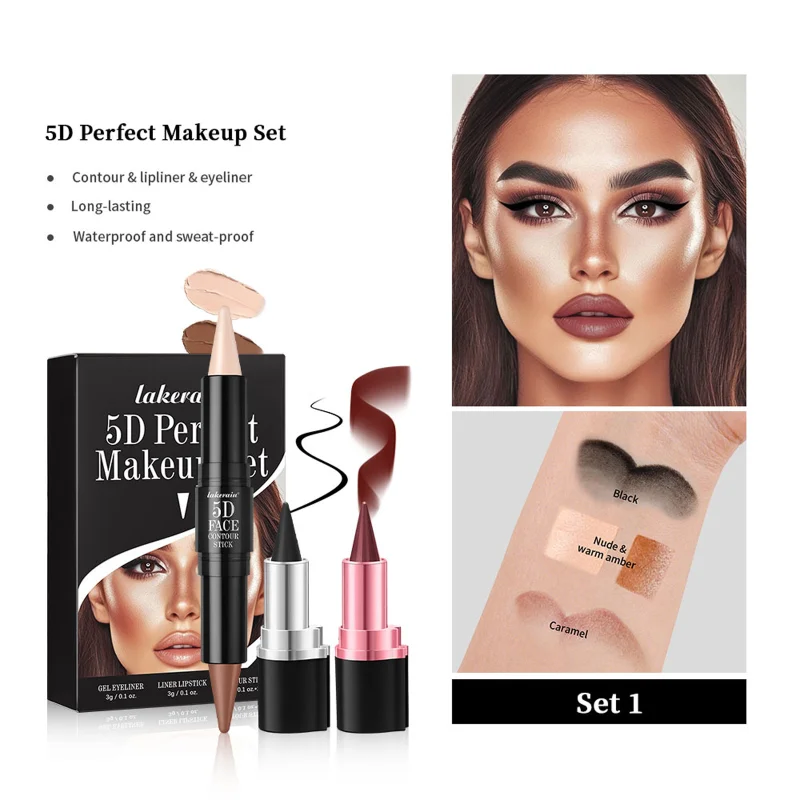 3 PCs Lipstick Lip Liner Eyeliner Highlight Contour Stick Suit 5D Face Makeup Set Suit