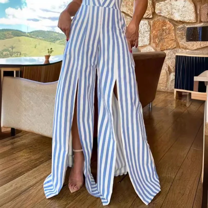 Women's Summer Lace-up Slit Striped Jumpsuit