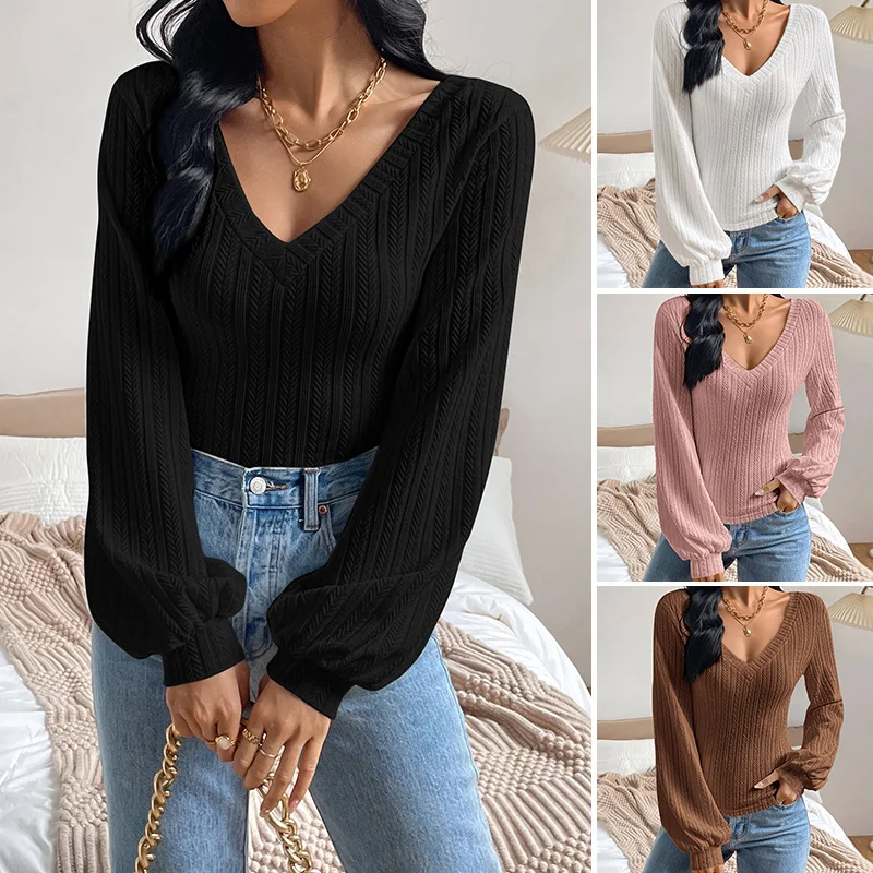 Puff Sleeve Shirt Slim-fit Elegant Twist Knitted Long-sleeved Top