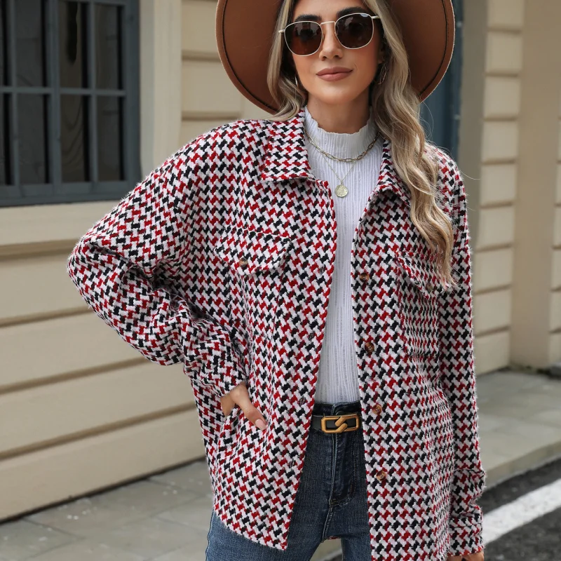 Lapel Plaid Multi-button Long Sleeve Loose Woolen Coat