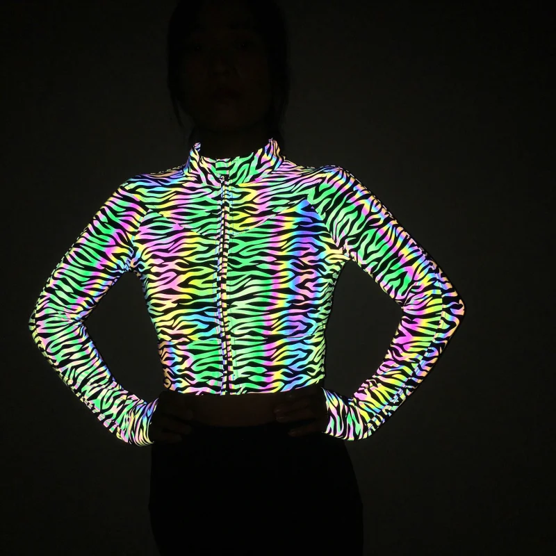 Colorful Reflective Short Jacket Women's Sports Zipper Top
