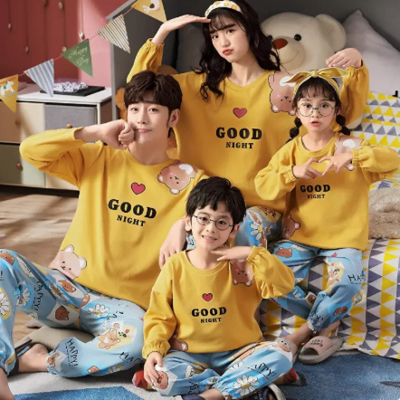 A Family Of Three Or Four Long Sleeved Cotton Pajamas Set