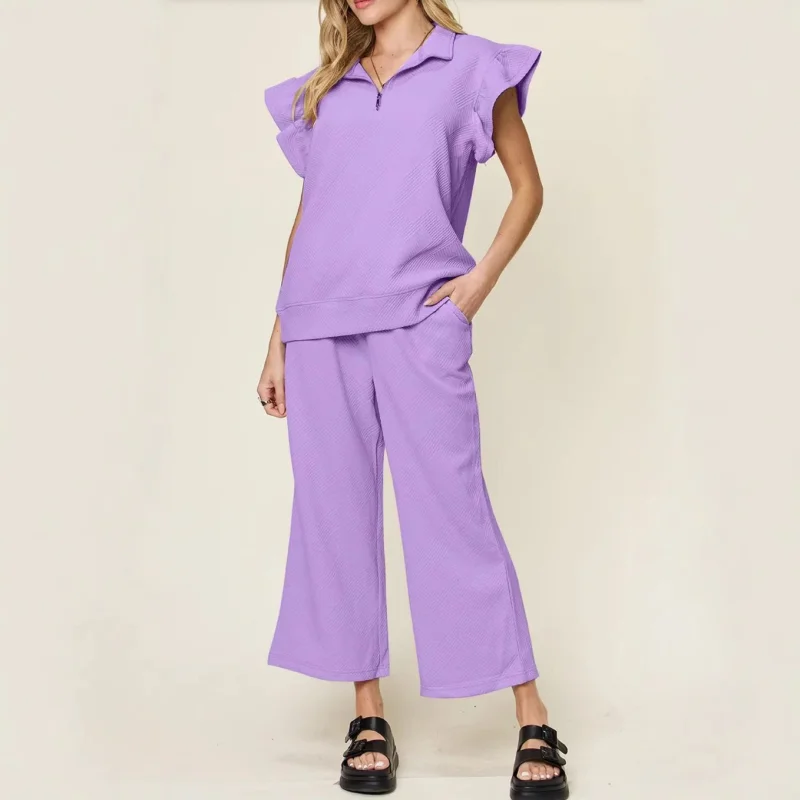 Women's Half Zip Short Sleeve Top Waist Strap Stretch Waist Pocket Shorts