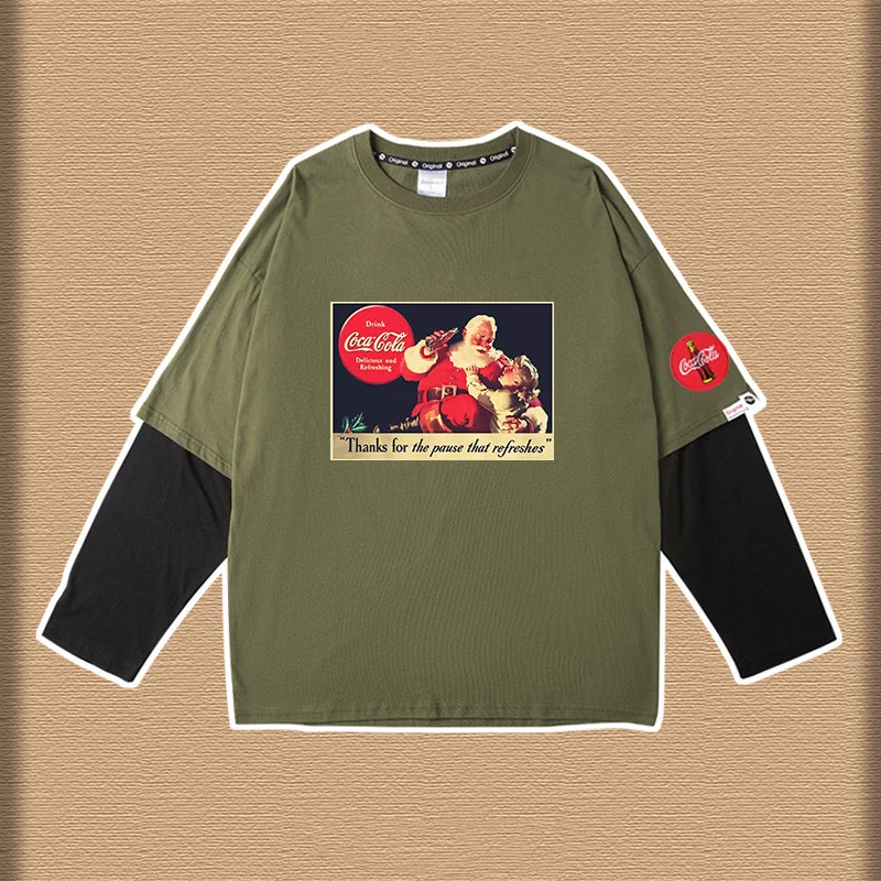Tide Brand Fried Street Joint Sweater T-Shirt Long-Sleeved Fake Two Pieces Of Loose Kith Plus Velvet Casual Cocacola