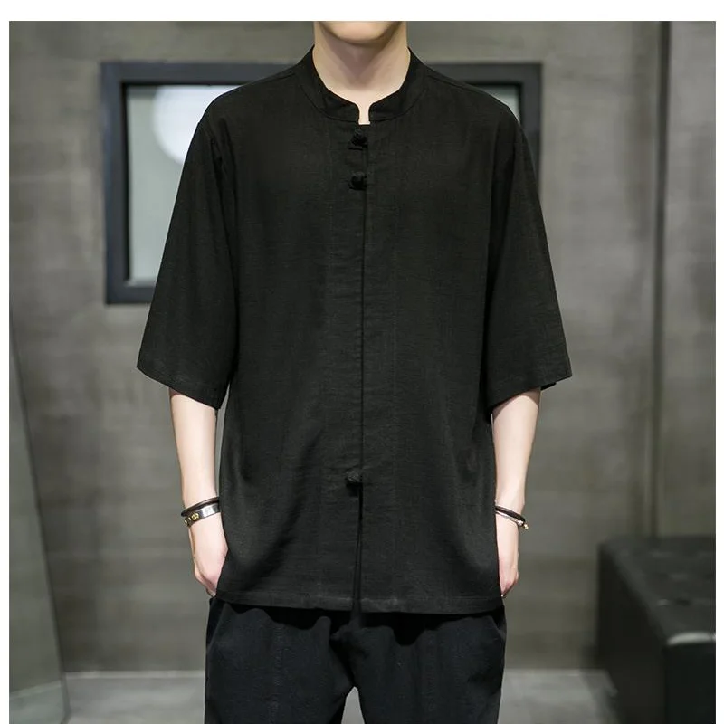 Men's T-shirt Half-sleeved Disc Button Casual Solid Color Loose Cotton And Linen