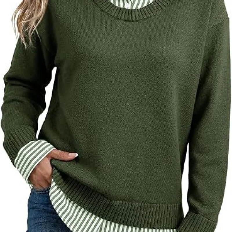 Look Striped Patchwork Sweater For Women, Loose Pullover Knit Top, European And American Style Long Sleeve Shirt