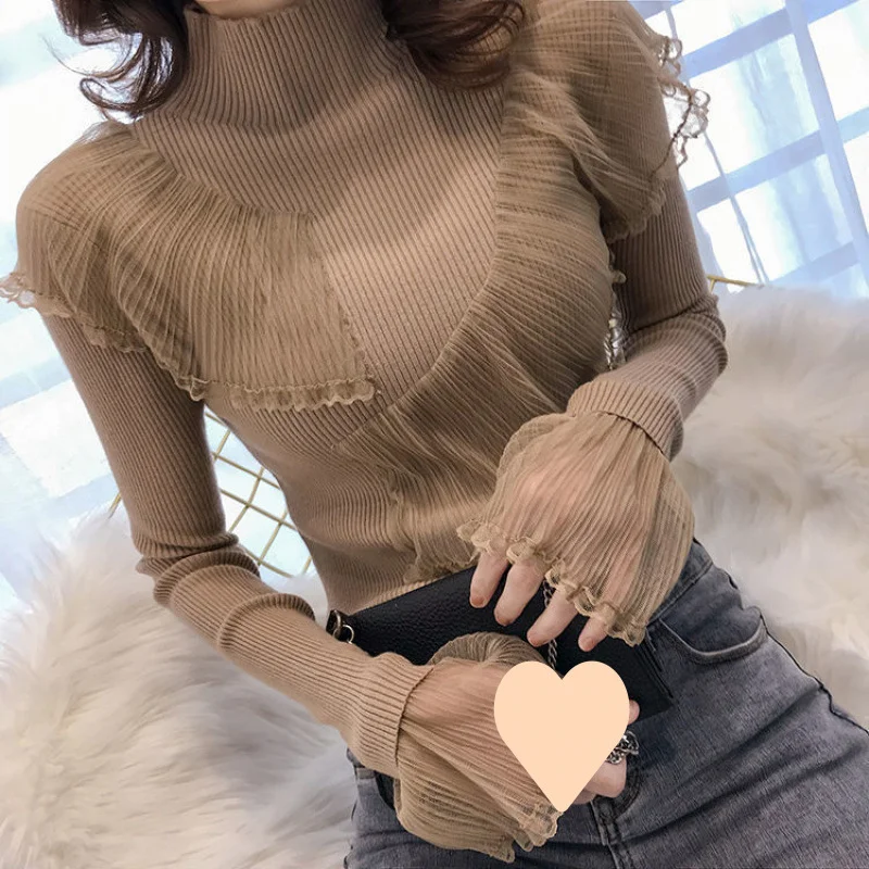 Women's Lace Patchwork Ruffled Sweater