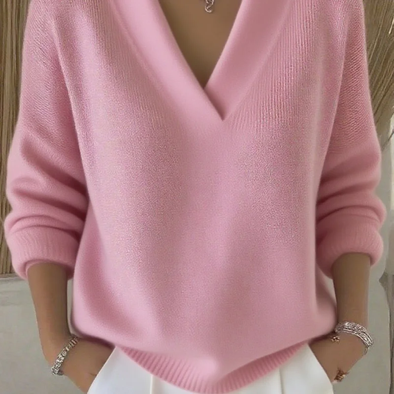 European And American Knitted V Neck Loose Sweater Autumn And Winter New Cross-Border Solid Color Casual Fashion Women's Knitwear