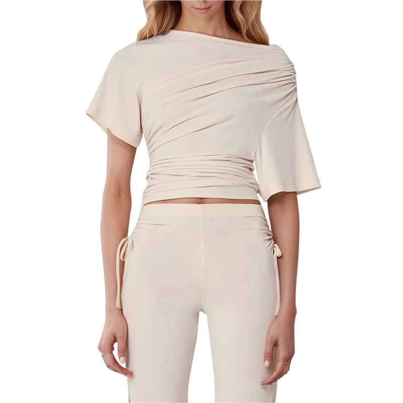 European And American Solid Color Off-neck Pleated Slim Vest T-shirt