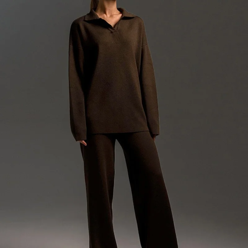 2026 Fashion Amazon TikTok Cross-border European And American Solid Color Autumn Winter Suit With Polo Neck And Wide Leg Pants Two Piece Set For Women