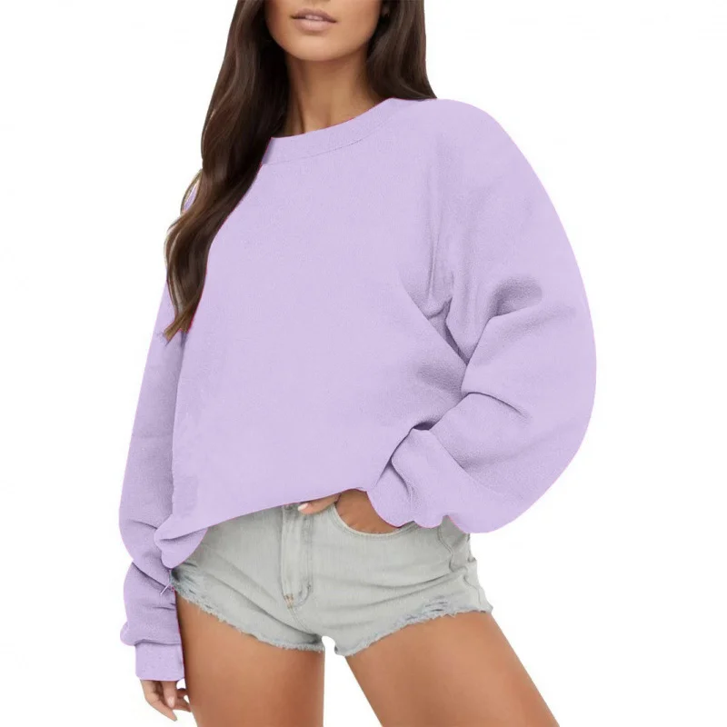 Womens Fleece-lined Crew-neck Casual Loose-fitting Top