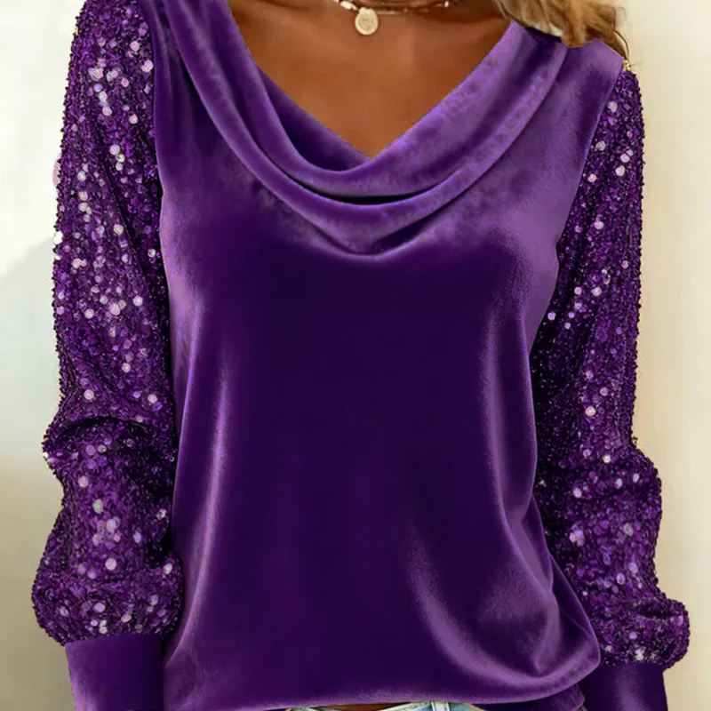 2026 European And American-Style Fashion Women's Velvet Ruffled Collar Sequin Patchwork Long-Sleeve T-Shirt Top