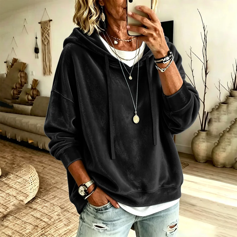 2026 New Style Women's Clothing  Casual Solid Color Hooded Drawstring Long Sleeved Women's Shirt Velvet Sweatshirt