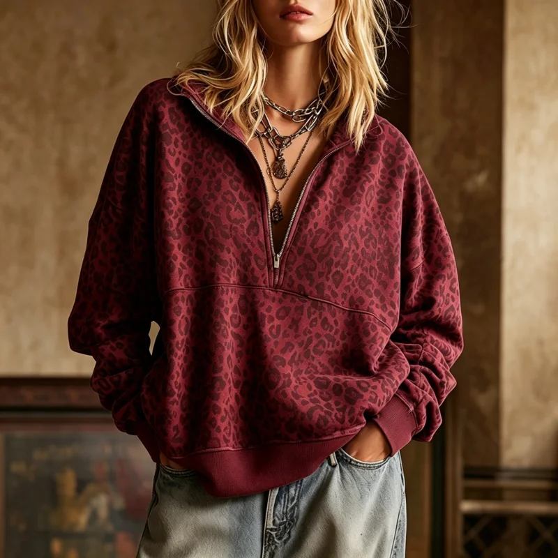 NewArrivalFall Winter HotsellingLeopard Print ZipUp Versatile Casual Womens Hoodie
