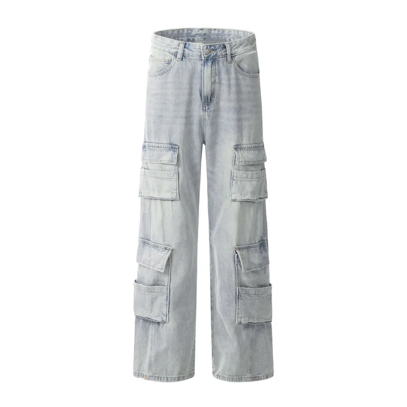 Light Color Denim Overalls Men's Multi-pocket Wide-leg Straight Trousers