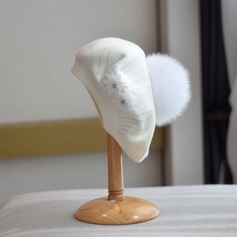 New Wool Double-layer Rhinestone Flower Knitted Beret Women's