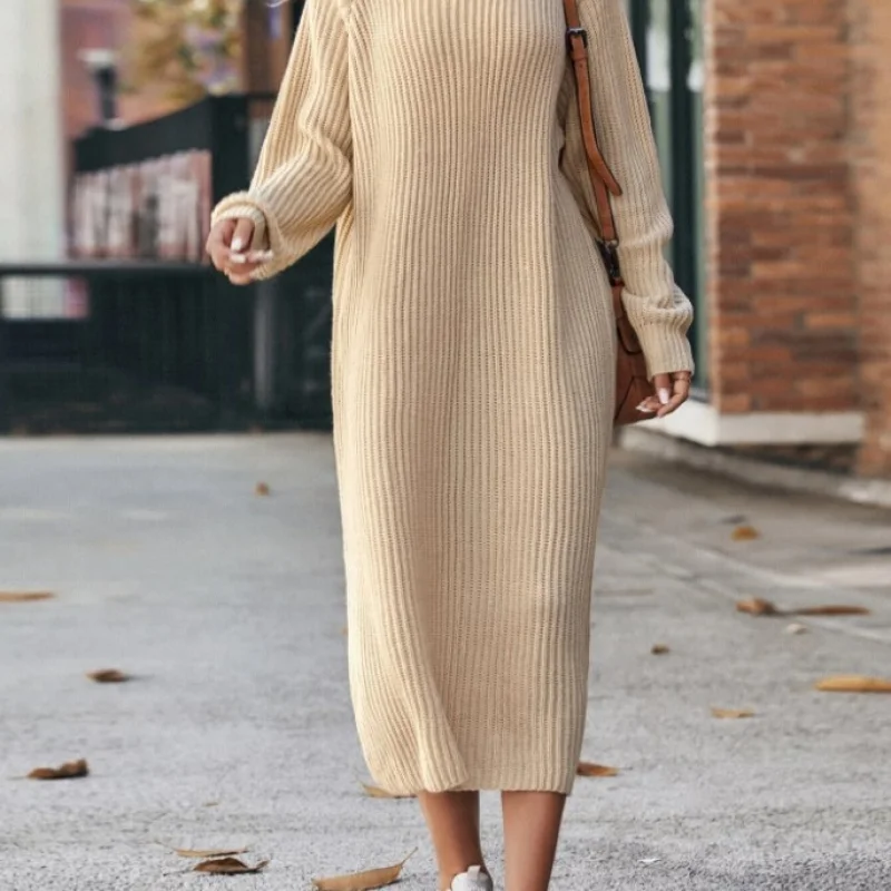 Winter Turtleneck Knitted Sweater Dress Fashion Solid Loose Pullover Long Dresses For Women Clothing