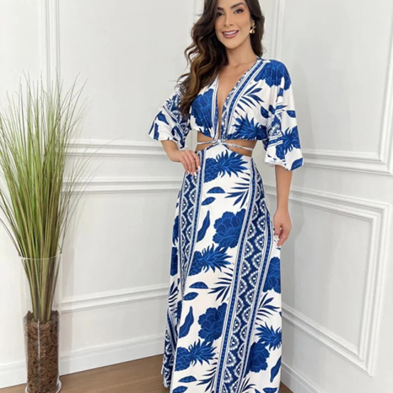 Women's Color Matching Five-point Batwing Sleeve Midriff Outfit Strap Dress