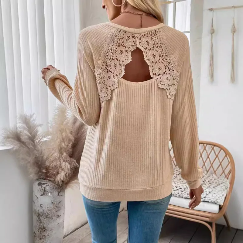 Back Stitching Lace Lace Cutout Raglan Sleeve Long Sleeve Top