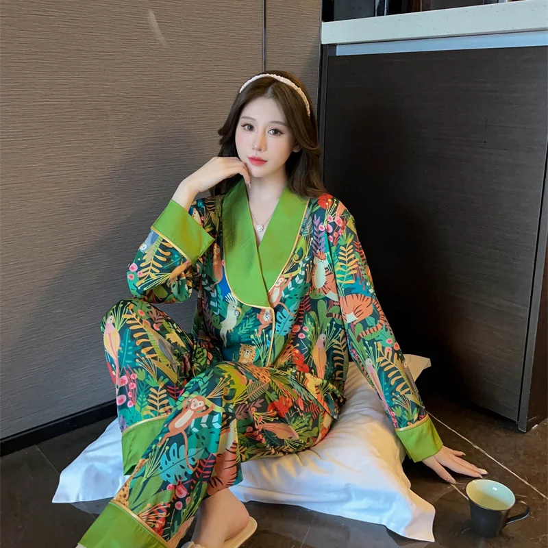 Spring And Autumn Pajamas Women's Rayon Long Sleeve Ice Silk Home Wear Thin Suit Filigree