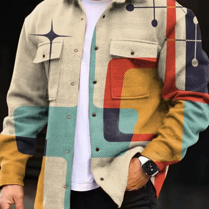 Printing Lapel Men's Jacket Single-breasted Plaid Top