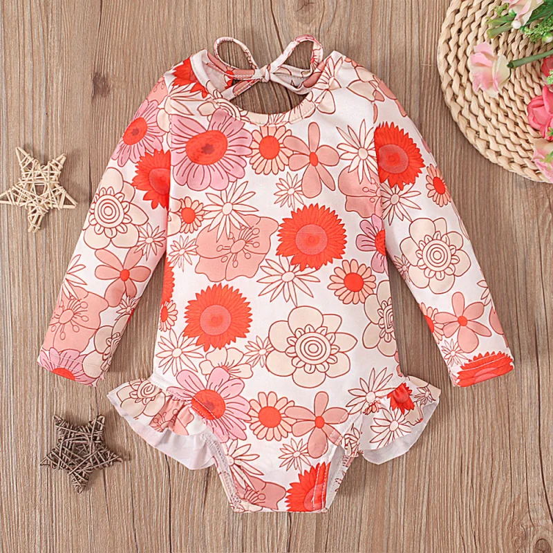 Girl's Pattern Graphic Print Crew Neck Open Back Swimsuit
