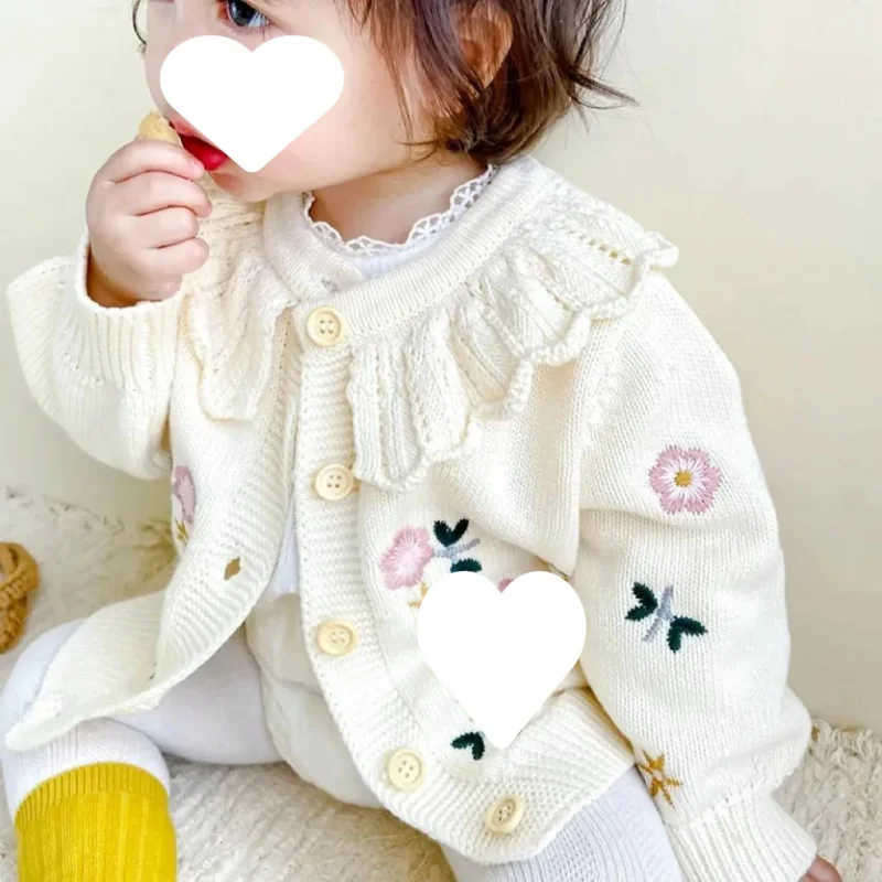 Children's Flower Embroidered Lotus Collar Knitted Warm Long Sleeve Cardigan Jacket