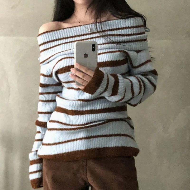 Design Contrast Color Striped Fashionable Bow Lapel Off-shoulder Slim Fit Sweater