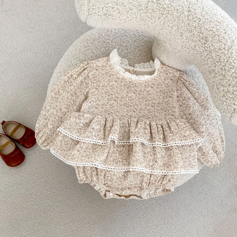 Autumn New Baby Girl Double Lace Skirt Cotton Yarn Printed Long Sleeve Princess Dress