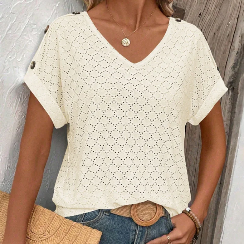 Button Solid Color Circle Loose Short Sleeve T-shirt For Women