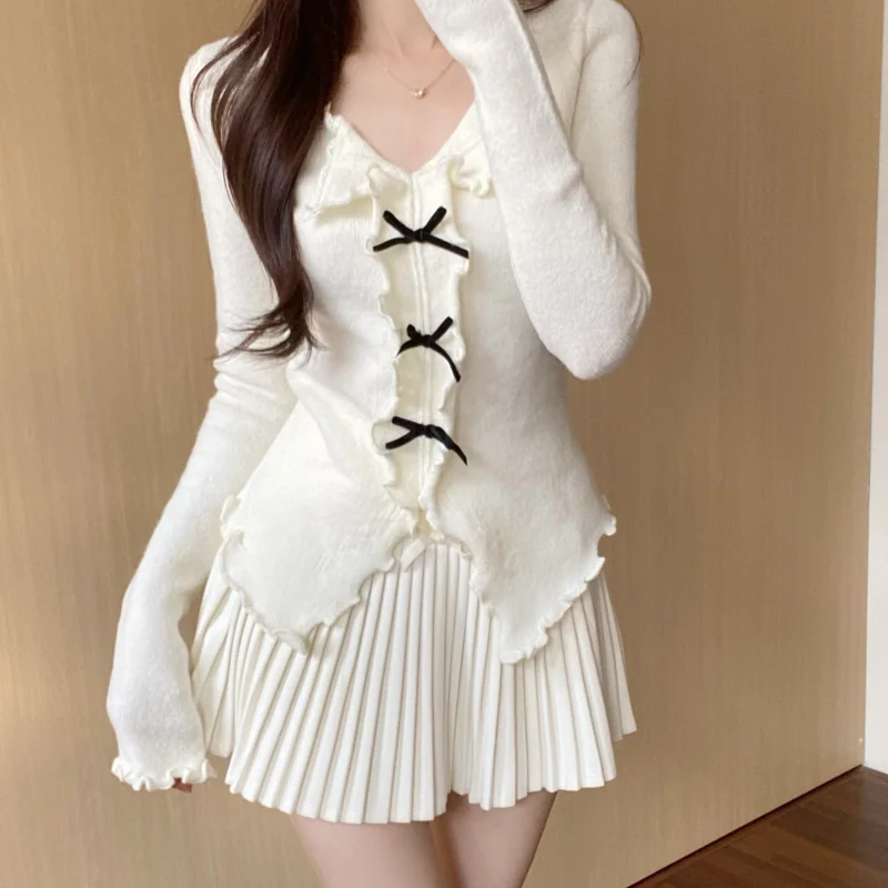 Milky White Wooden Ear Bow V-neck Sweater Women