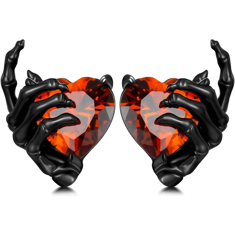Retro Dark Series Ghost Hand Heart Shape With Diamond Ear Studs
