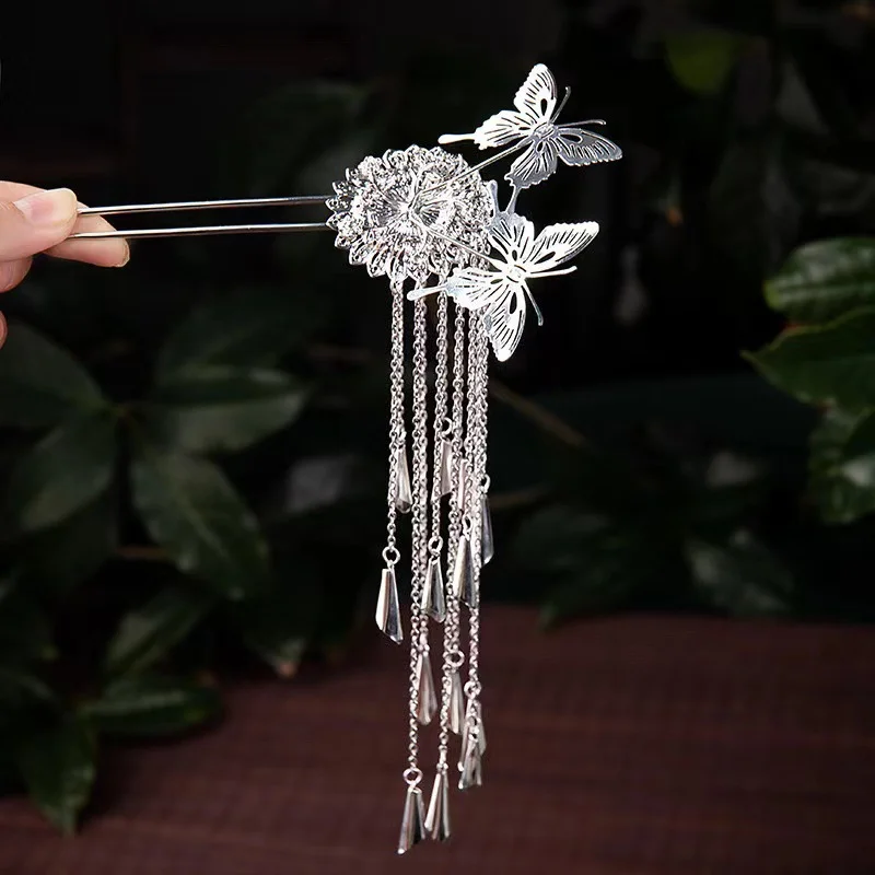 Retro Butterfly Tassel Hairpin Silver Simple Women