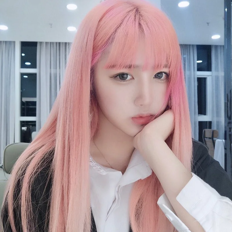 Air bangs long straight hair synthetic headgear