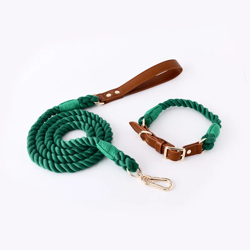 Cotton Rope Woven Leather Pet Leash Collar Set Medium Large Dog Walking