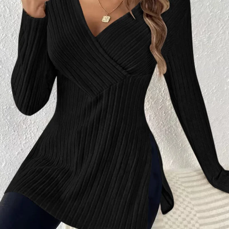 Long Sleeve Solid Color And V-neck Leisure Pajamas Sunken Stripe Top