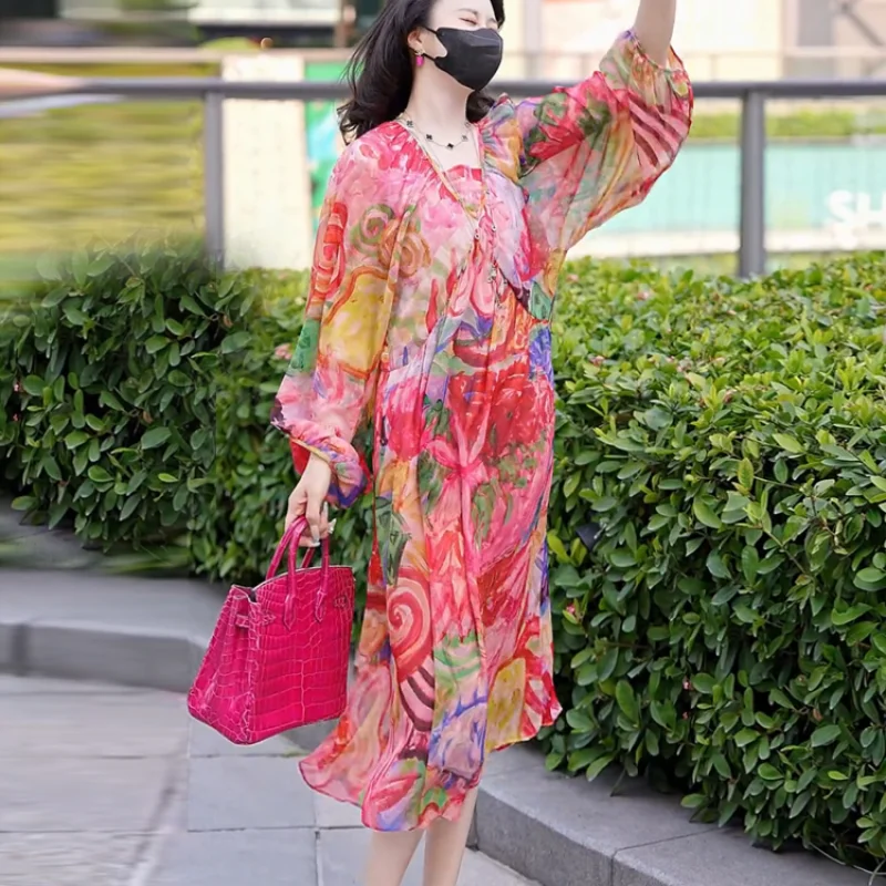 New Summer Mom Silk Brand Tea Break Vacation Style Big Swing Skirt