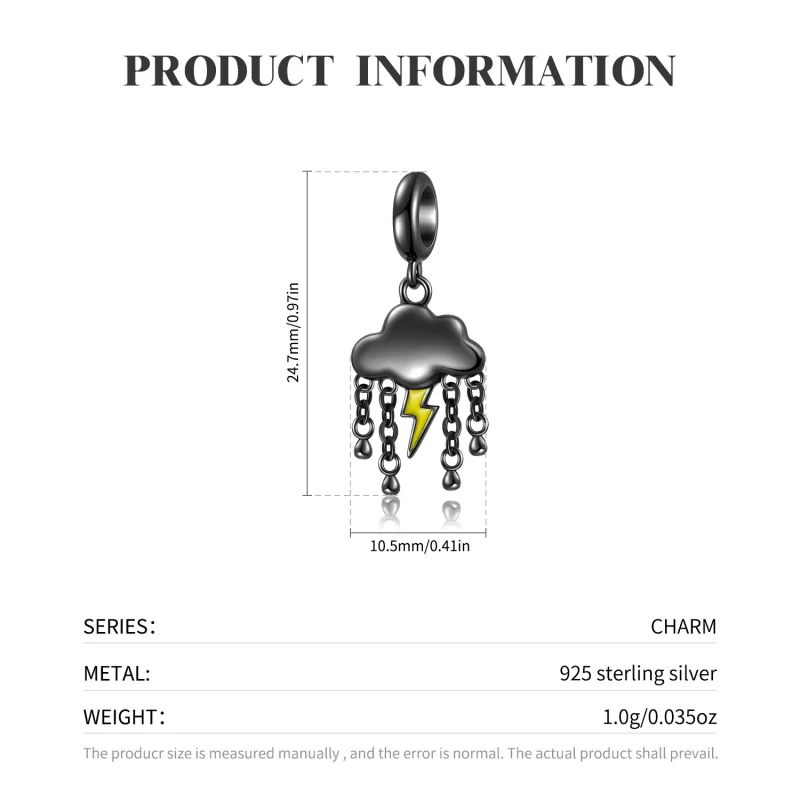 S925 Sterling Silver Plated Black Gold Thunder Rain Pendant Creative Dark Bracelet Diy Accessories