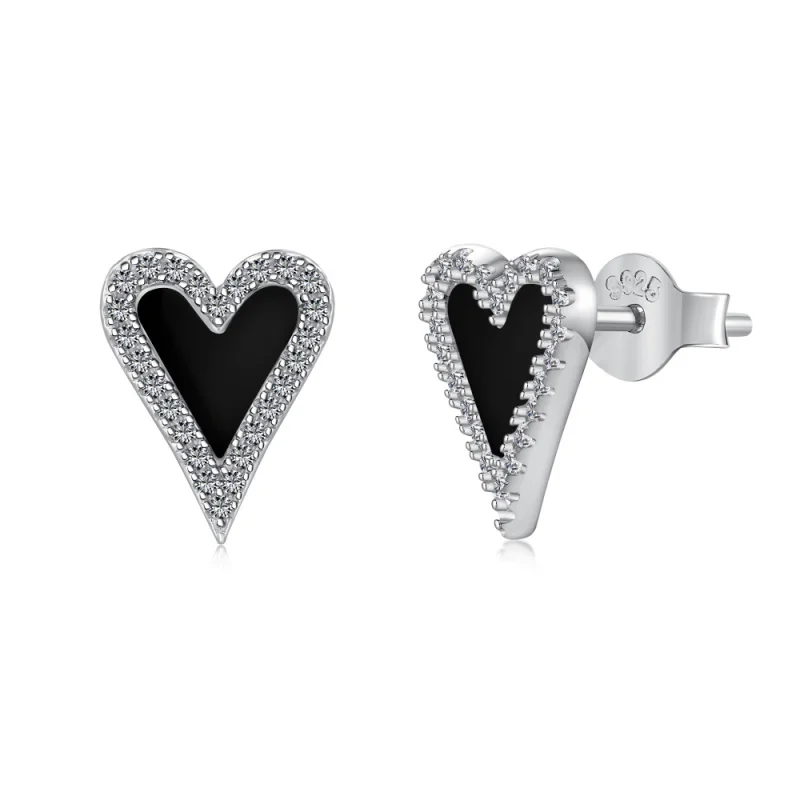 Silver S925 Black Agate Heart-shaped White Stud Earrings